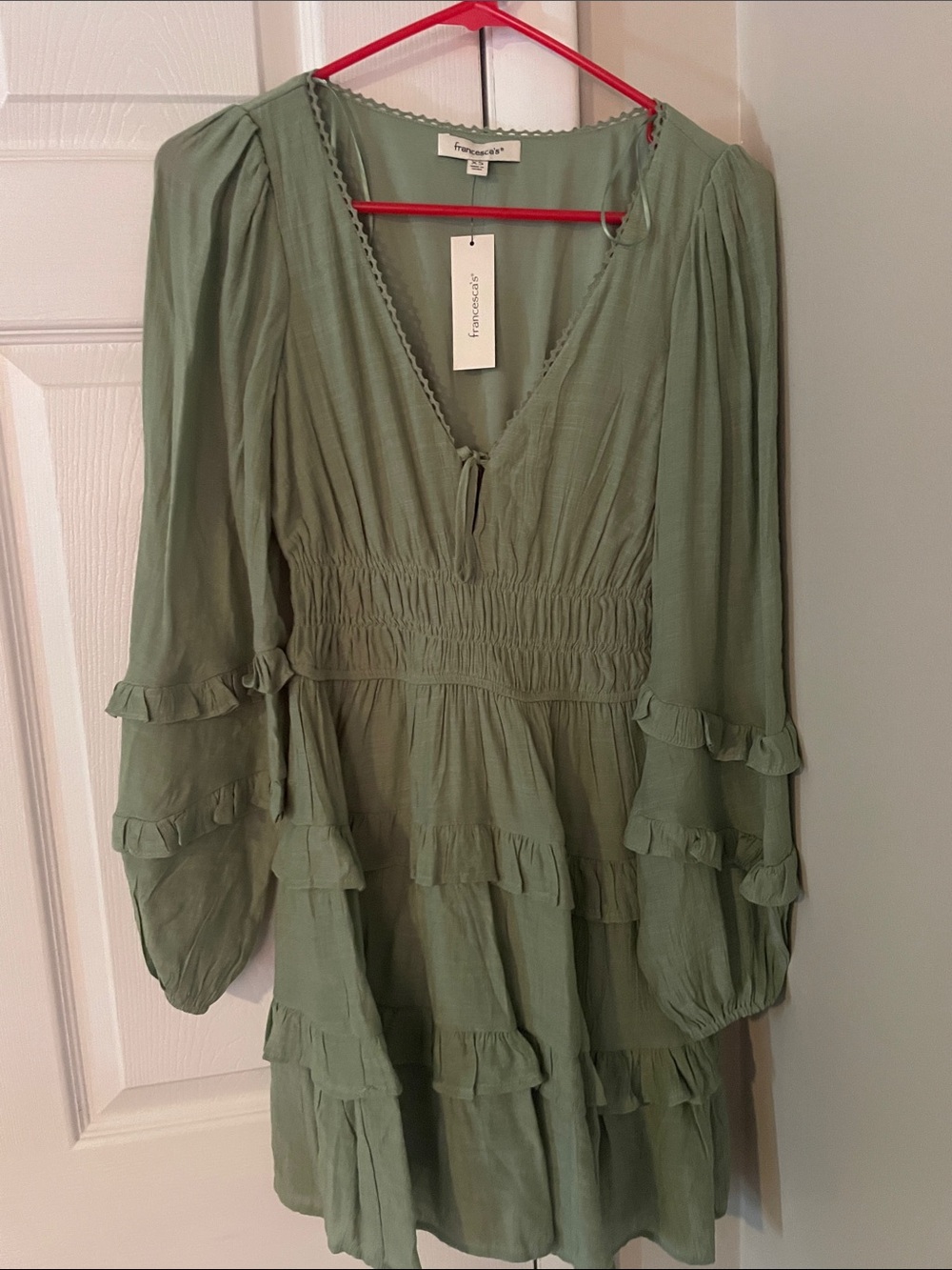 Francesca's Sage Green V-Neck Tie Front Dress